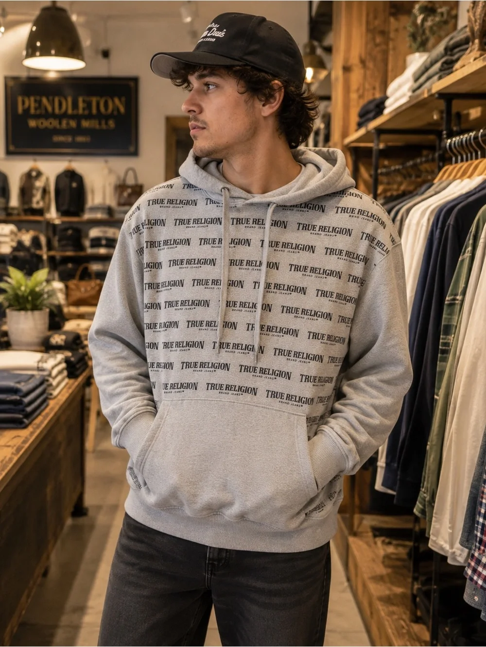 True Religion All Over Logo Gray Pullover Hoodie Men’s Medium